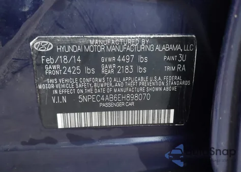 2014 Hyundai Sonata Se 2.0T from USA, damaged, VIN 5NPEC4AB6EH898070